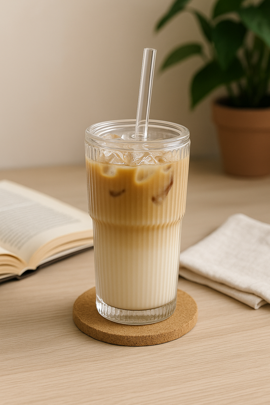 Gobelet en Verre Strié Premium avec Paille – 550 ml | Parfait pour du Café Glacé, Latte, Thé Glacé & Smoothies