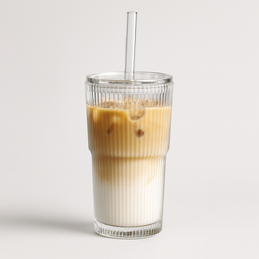 Gobelet en Verre Strié Premium avec Paille – 550 ml | Parfait pour du Café Glacé, Latte, Thé Glacé & Smoothies
